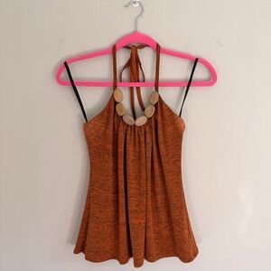 Y2K ORANGE A.BYER WOODEN BEADED HALTER NECK‎ TANK TOP